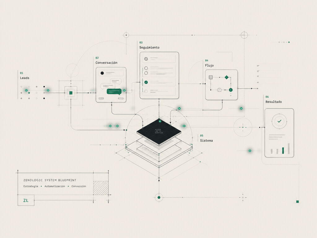 Diagrama del sistema ZendLogic: leads, conversación, seguimiento y resultados