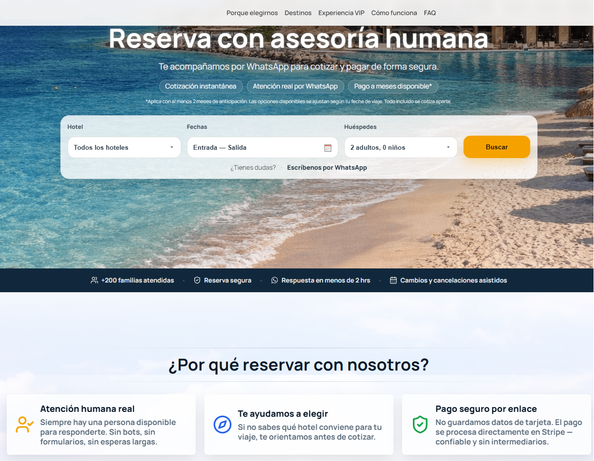 Buscador de reservas con cotización instantánea y atención por WhatsApp